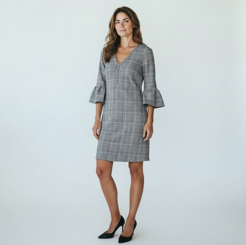 Lily Morgan Glen Plaid Bell-Sleeve Shift Dress. Size Small